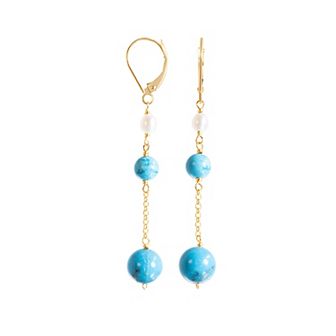 Jewelmak 14k Gold Freshwater Cultured Pearl & Turquoise Dangle Leverback Earrings