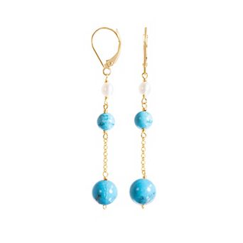 Jewelmak 14k Gold Freshwater Cultured Pearl & Turquoise Dangle Leverback Earrings