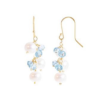 Jewelmak 14k Gold White Freshwater Cultured Pearl & Swiss Blue Topaz Dangle Earrings
