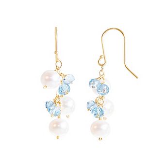 Jewelmak 14k Gold White Freshwater Cultured Pearl & Swiss Blue Topaz Dangle Earrings