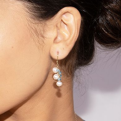 Jewelmak 14k Gold White Freshwater Cultured Pearl & Swiss Blue Topaz Dangle Earrings