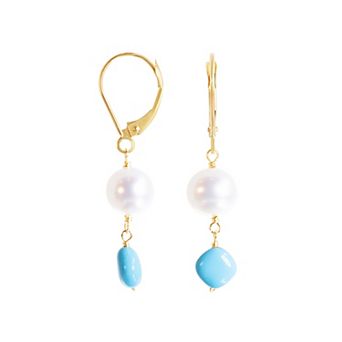 Jewelmak 14k Gold White Freshwater Cultured Pearl & Turquoise Dangle Earrings