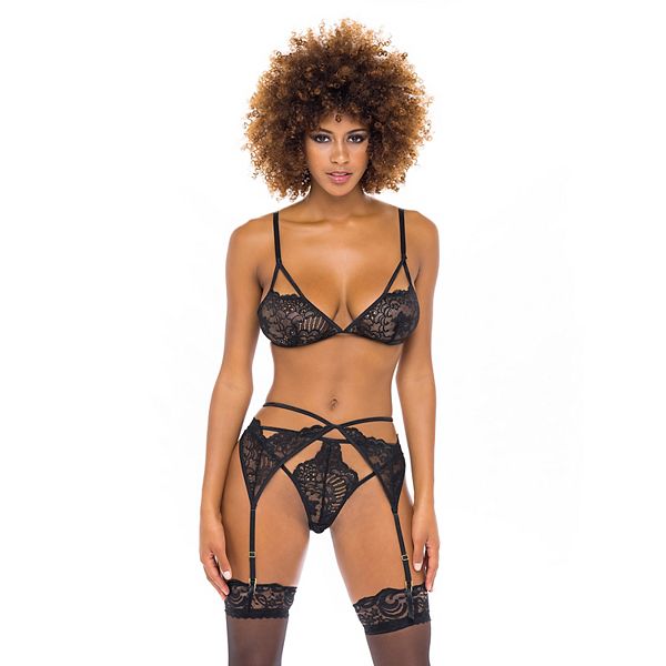 Women's Oh La La Cheri Constance 3-piece Lace Bra, Panty & Garter Belt  Lingerie Set 41-11593