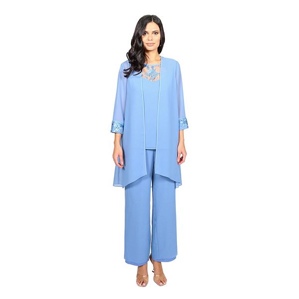 Women's Le Bos 3-Piece Embroidered Duster Top & Pant Set