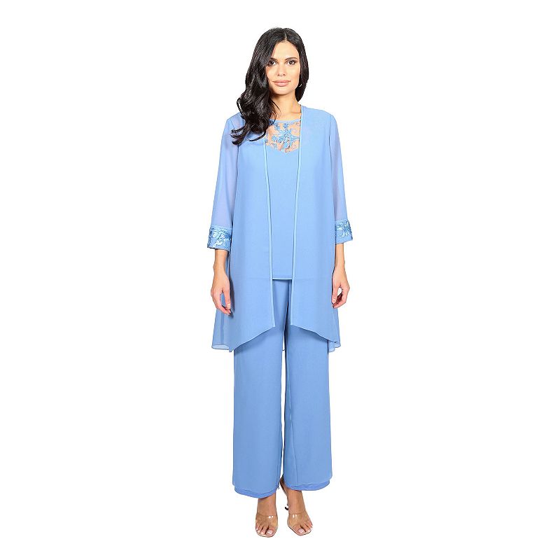 Womens Le Bos 3-Piece Embroidered Duster Top & Pant Set, Size: 10, Med Blu