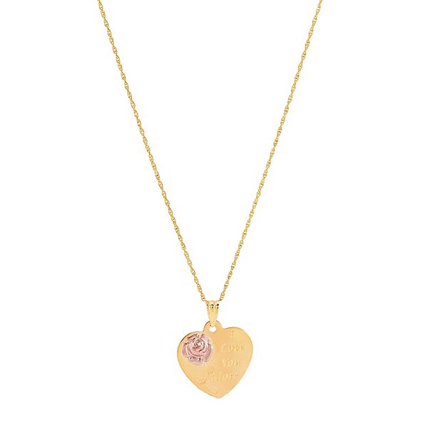 Everlasting Gold 10k Gold Rose Gold Flower On Heart Disk I Love You More Pendant Necklace