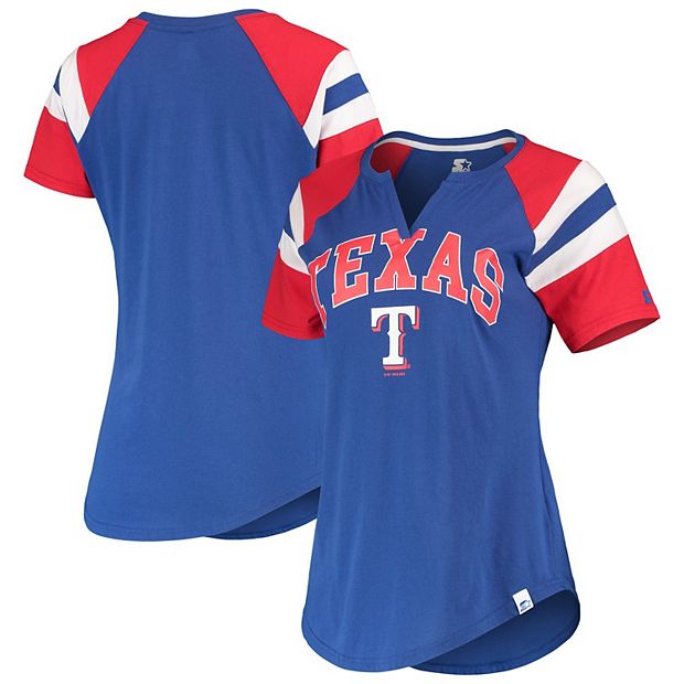 Women's Starter Royal/Red Texas Rangers Game On Notch Neck Raglan T-Shirt