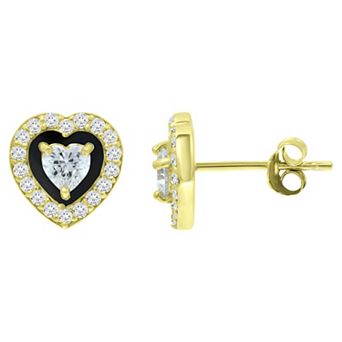 Aleure Precioso Sterling Silver Cubic Zirconia Heart Shaped Halo Stud Earrings