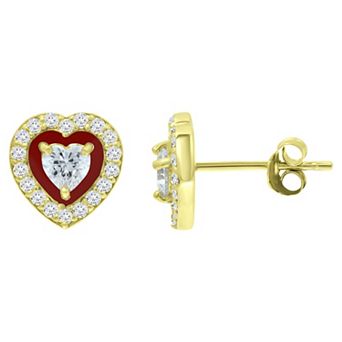 Aleure Precioso Sterling Silver Cubic Zirconia Heart Shaped Halo Stud Earrings