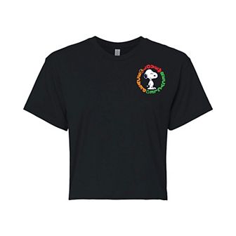 Juniors' Peanuts "Love Recycle Peace" Cropped Tee
