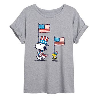 Juniors' Peanuts Flag March Oversized Tee