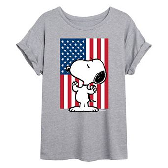 Juniors' Peanuts USA Flag Oversized Tee