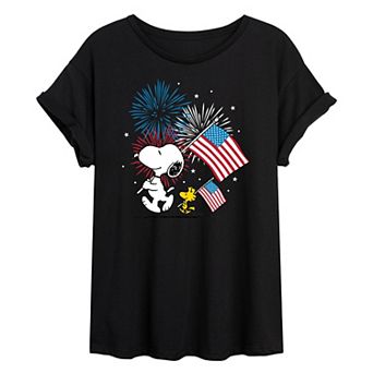 Juniors' Peanuts USA Flags Oversized Tee