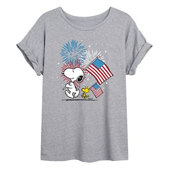 Juniors' Peanuts USA Flags Oversized Tee