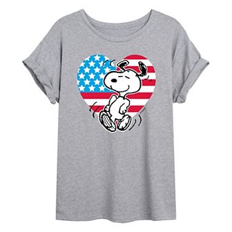 Juniors' Peanuts Flag Heart Oversized Tee