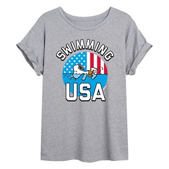 Juniors' Peanuts USA Swim Oversized Tee