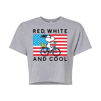 Juniors' Peanuts Bike Riding Snoopy "Red, White & Cool" Cropped Tee