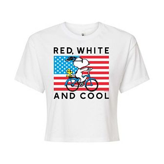 Juniors' Peanuts Bike Riding Snoopy "Red, White & Cool" Cropped Tee