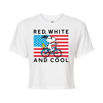 Juniors' Peanuts Bike Riding Snoopy "Red, White & Cool" Cropped Tee