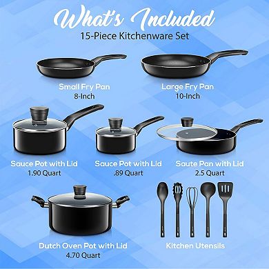 SereneLife 15 Piece Pots and Pans Non Stick Chef Kitchenware Cookware Set, Black