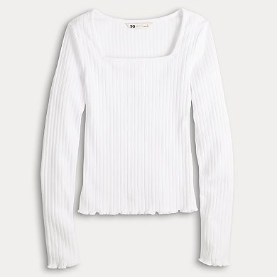 Juniors' SO® Long Sleeve Ribbed Square Neck Top