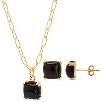 Gemistry 14k Gold Over Silver Square Black Onyx Stud Earrings & Necklace Set