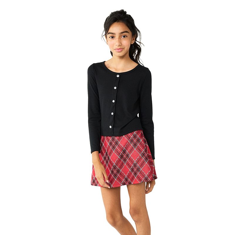 Girls 7-16 Knit Works Button Top and Plaid Scooter Skirt Set, Girls, Size: