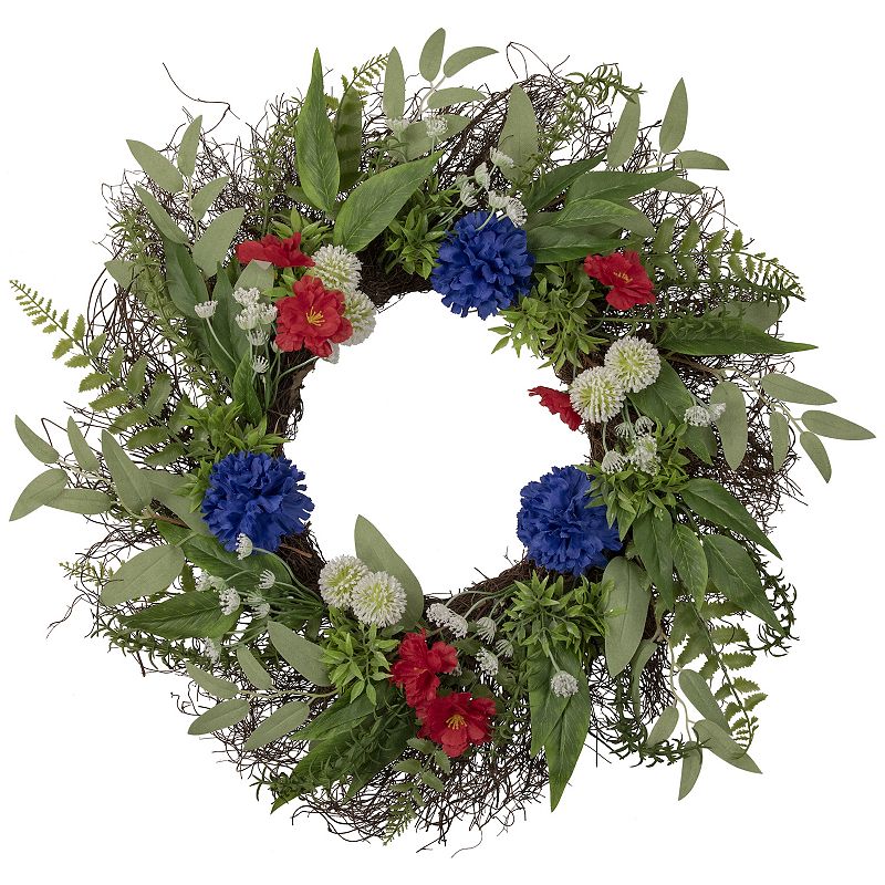 4th of July Mixed Floral Patriotic Artificial Wreath, Red