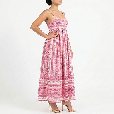 Women's Maison Tara Printed Babydoll Maxi Dress, Size: Large, Fuchsia Print