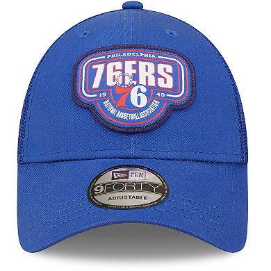 Men's New Era Royal Philadelphia 76ers Team Logo Patch 9FORTY Trucker Snapback Hat