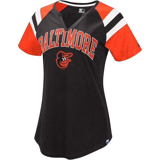 Women's Starter Black/Orange Baltimore Orioles Game On Notch Neck Raglan T- Shirt
