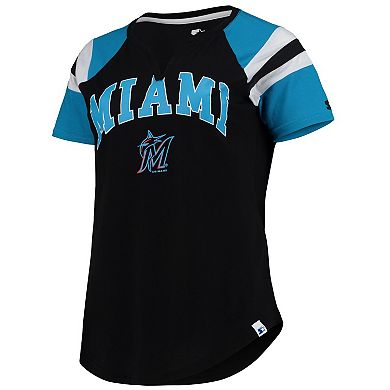 Women's Starter Black/Blue Miami Marlins Game On Notch Neck Raglan T-Shirt