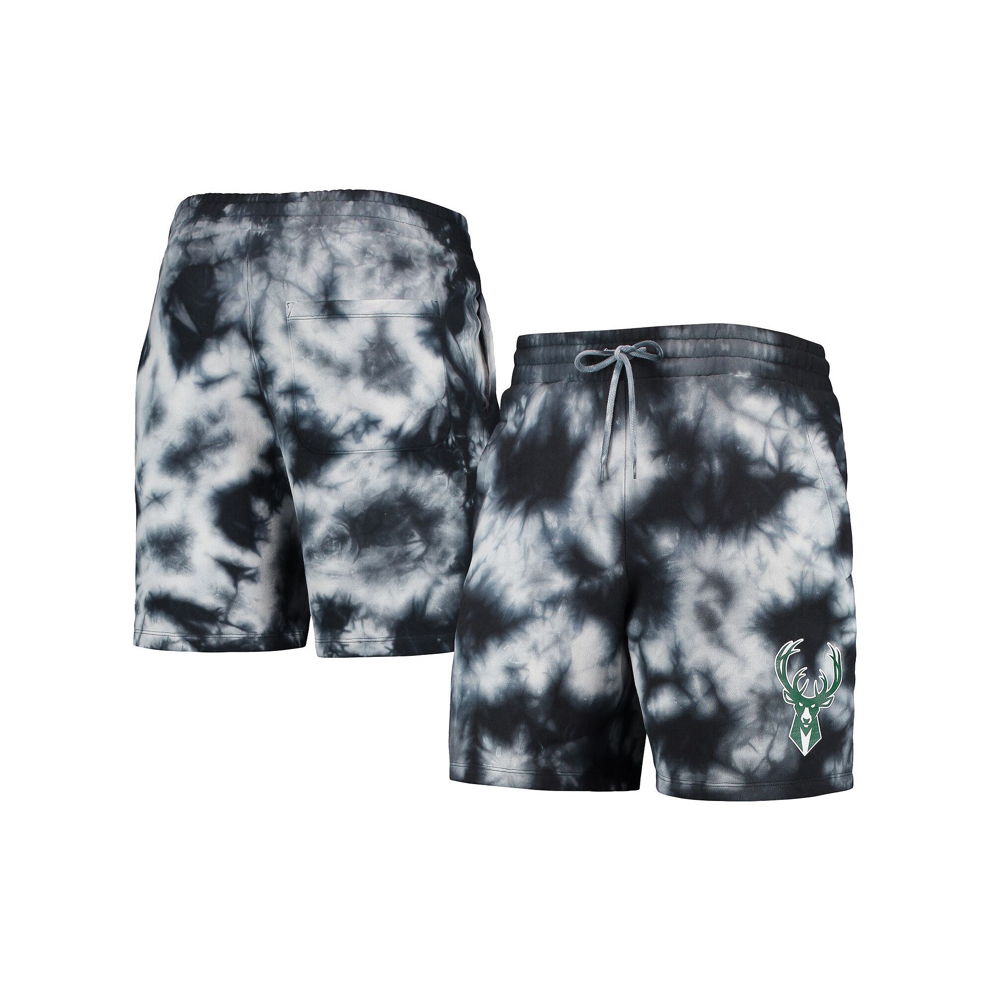 Mens New Era Black Milwaukee Bucks Fleece Tie-Dye Shorts, Size: Medium