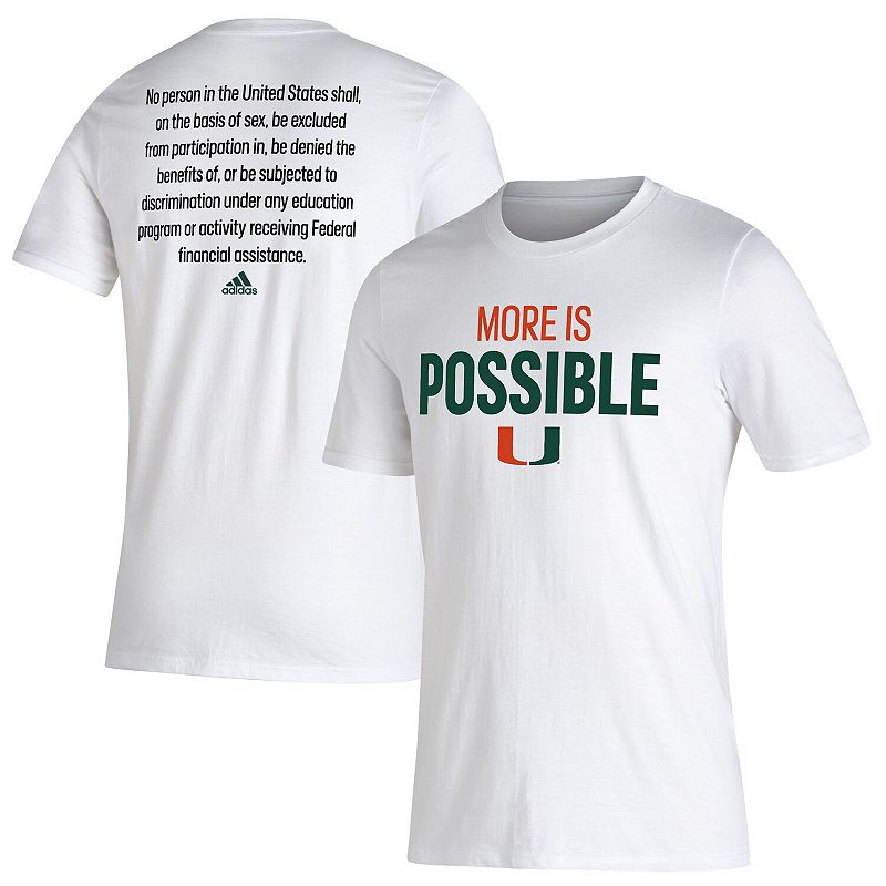 Mens adidas White Miami Hurricanes More Is Possible Amplifier T-Shirt, Siz