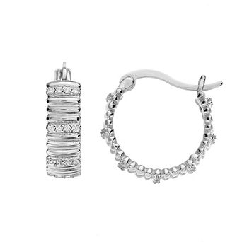 Rosabella Sterling Silver Cubic Zirconia Ribbed Huggie Hoop Earrings