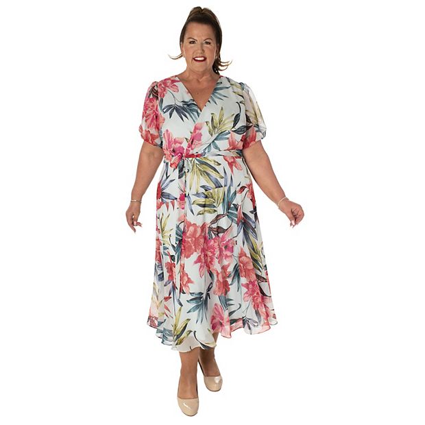 Plus Size Maison Tara Side Tie Tropical Floral Midi Dress