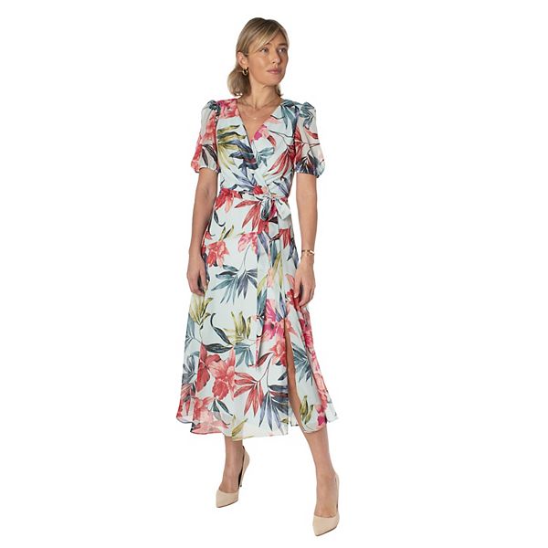 Women's Maison Tara Tropical Puff-Sleeve Faux-Wrap Dress