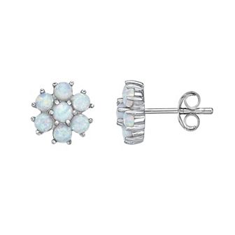 Gemminded Sterling Silver Lab-Created Opal Flower Stud Earrings