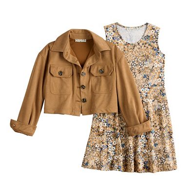 Girls 7-16 Plus Knit Works Floral Dress & Suede Jacket Set