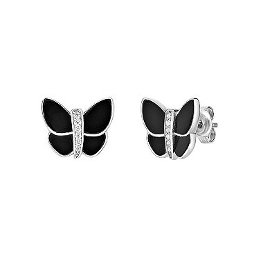 Gemminded Sterling Silver Cubic Zirconia & Black Onyx Butterfly Earrings