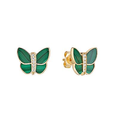 Gemminded 14k Gold Over Silver Cubic Zirconia & Malachite Butterfly Earrings