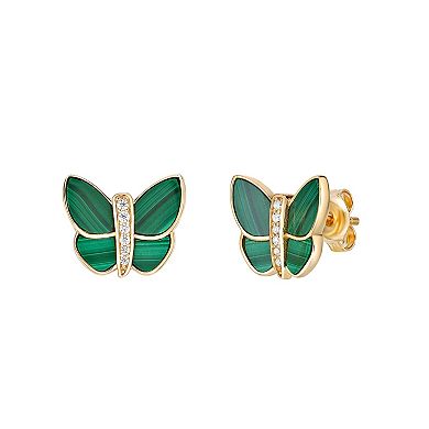 Gemminded 14k Gold Over Silver Cubic Zirconia & Malachite Butterfly Earrings