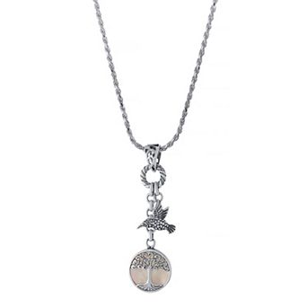 Athra NJ Inc Sterling Silver Oxidized Mother Of Pearl Tree Of Life & Bird Pendant Drop Necklace