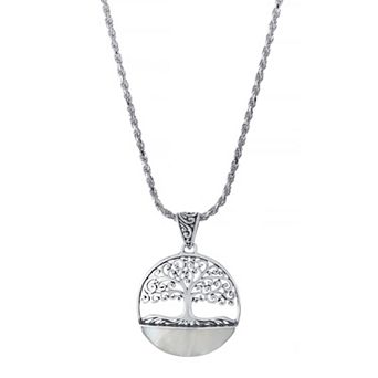 Athra NJ Inc Sterling Silver Oxidized Mother Of Pearl Round Tree Of Life Pendant Necklace