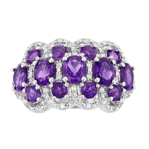 Sterling Silver Dome Ring With African Amethyst & White Topaz – Genuine Gemstone Cluster Ring For Women 8 thumbnail image