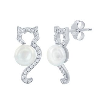 Argento Bella Sterling Silver Cubic Zirconia & Freshwater Cultured Pearl Cat Earrings