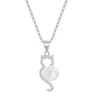 Argento Bella Sterling Silver Cubic Zirconia Freshwater Cultured Pearl Cat Pendant Necklace