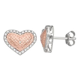 HDI Two Tone Sterling Silver 1/10 Carat T.W. Heart Stud Earrings