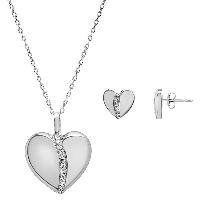 Sterling Silver 1/8 Carat T.W. Diamond Heart Earrings & Pendant Box Set, W