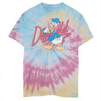 Disney's Donald Duck Boys 8-20 Red Cursive Text Logo Portrait Tie Dye Graphic Tee